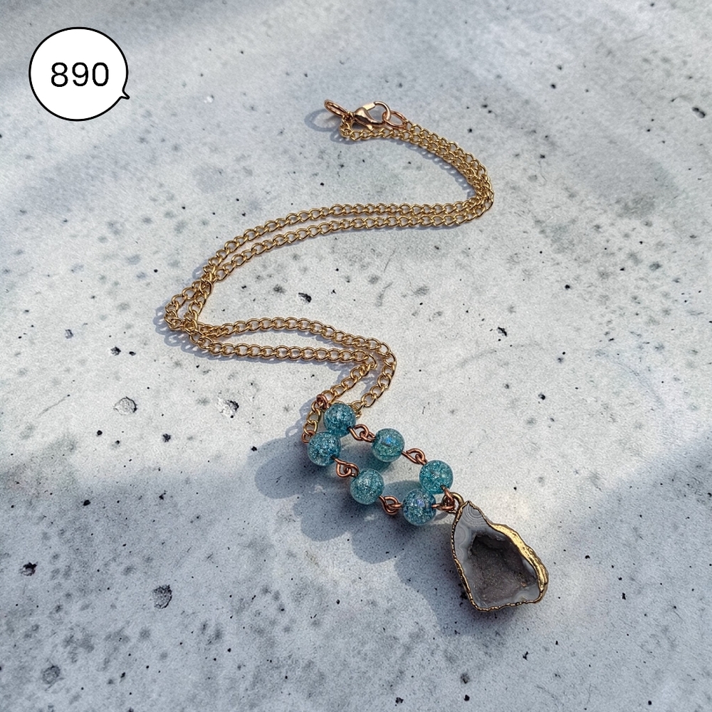Boho Gold-Tone Necklace with Teal Beads and Raw Druzy Stone Pendant